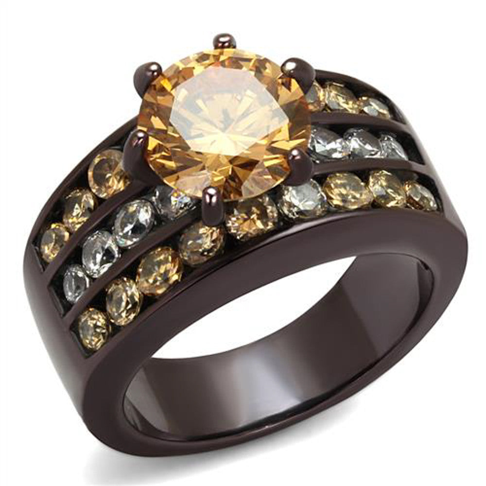 Dark Brown Stainless Steel 4.31 Ct Champagne CZ Engagement Ring Womens Size 5-10
